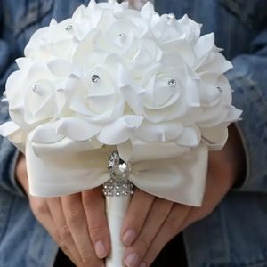 Womans Ivory Silk Rose Flower With Rhinestone Accents wedding bouquet